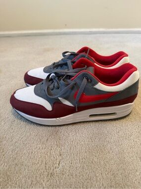 Nike Low Top Sneakers in White, Gray & Red Wine Air Max 1